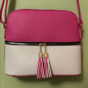 SG SUGU Lunar Lightweight Medium Dome Crossbody Bag with Tassel Fuchsia/ Ivory